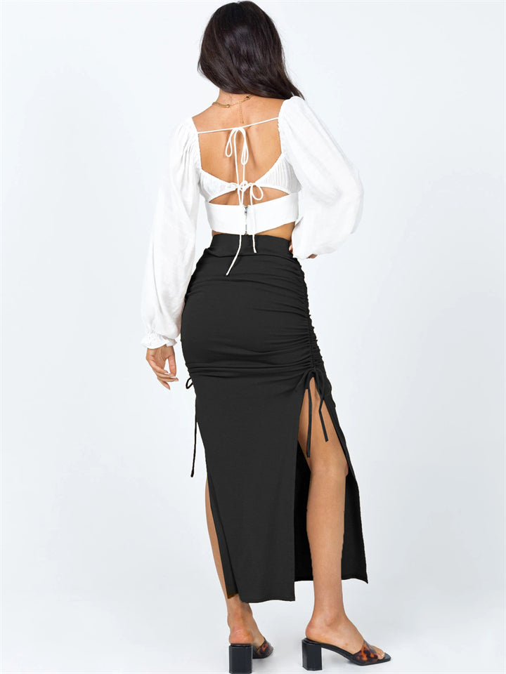 Women's Sexy Elegant Style Lace-up Design Slit Hem Knitted Slim Skirts