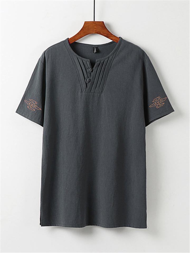 Men's Comfy Oversize Solid Color 2-Piece Outfit Retro Button T-Shirt + Drawstring Pants