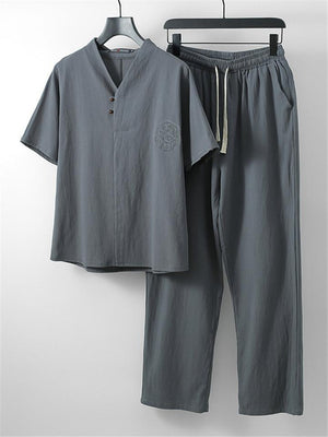 Mens Vintage Loose Casual Linen Short Sleeve T-Shirts+Pants