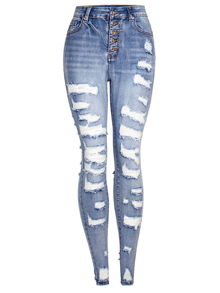 Women's Street Style Fashion Slim Fit Solid Color Ripped Denim Jeans