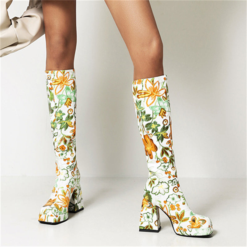 Trendy Colorful Floral Printed Thick Heel Long Boots