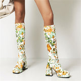 Trendy Colorful Floral Printed Thick Heel Long Boots