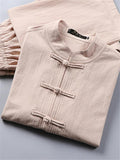 Retro Style Linen 2-Piece Outfit Button Collar Shirt + Full-Length Elastic Waistband Pants
