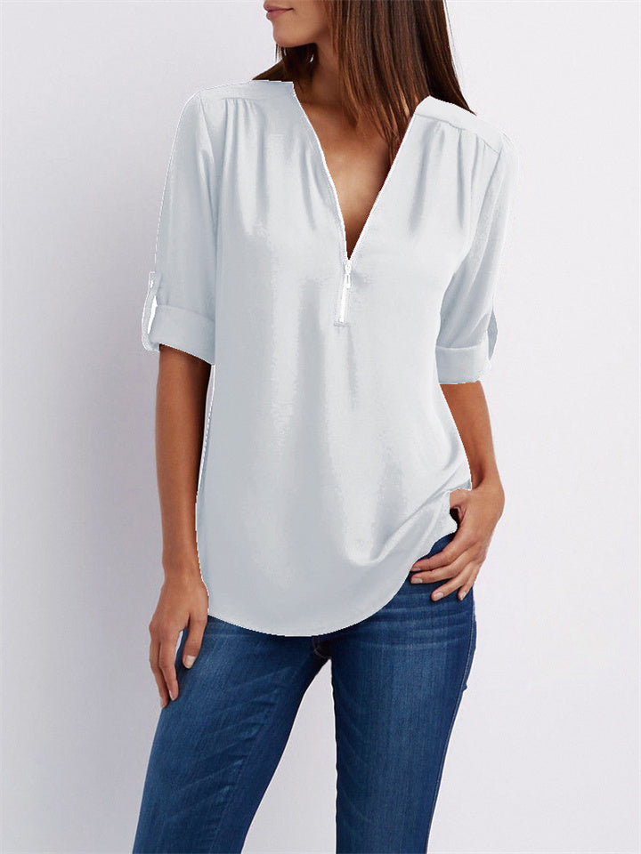 Women's V-neck Zipper Chiffon Shirts