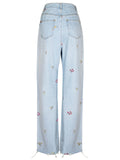 Casual Style Floral Embroidery Straight-Leg Light Blue Denim Jeans for Women