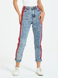 Street Style Red Patchwork Washed Effect Light Blue Denim Pants for Women