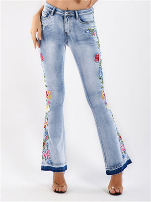 Women's Fashion 3D Embroidery Bell-Bottom Denim Jeans