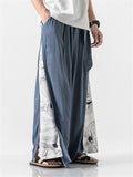 Linen Cotton Elastic Waistband Drawstring Pleated Detailing Crane Print Full Length Pants