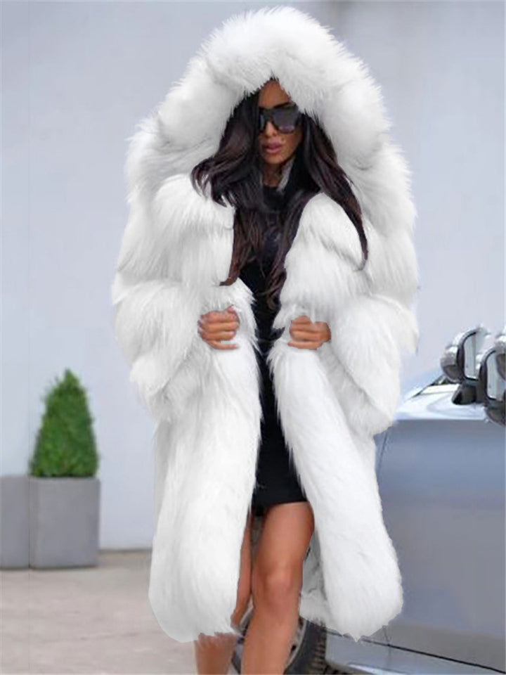 Oversized Extra Cozy Warm Fur Collar Knee-Length Hooded Chunky Outerwear