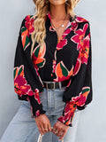 Fashion Floral Print Lapel Button Puff Sleeve Colorful Blouses for Office Ladies