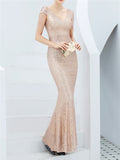 V-Neck Short Sleeve Graceful Slim Sequins Solid Color Long Evening Dresses