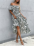 Trendy Summer Wearing High Slit Off Shoulder Printed Slim Dresses