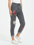 Vintage Street Style Red Floral Embroidery Ripped Straight-Leg Women Jeans for Autumn