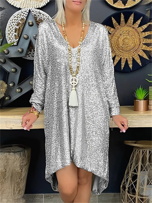 Dazzling Sequins Extra Loose Long Sleeve Trendy Dress for Women