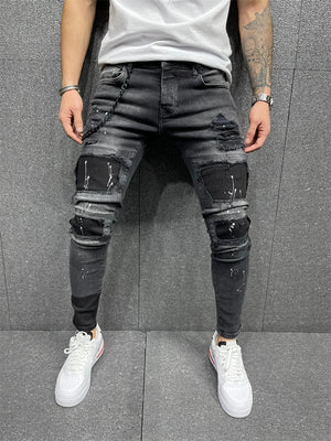 Men's Slim Black Elastic Patchwork Denim Pants