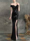 Gorgeous Off the Shoulder High Slit Sequin Evening Gown Dress