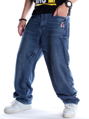 Trendy Hip-Hop Style Loose Embroidered Oversize Dark Blue Jeans