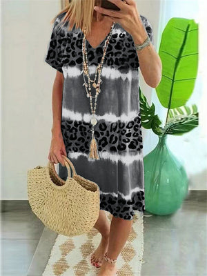 Women's Sexy V-neck Leopard Print Short Sleeve Mid Length Dresses