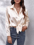 Super Soft Lapel Button Long Sleeve Silky Blouses for Office Lady