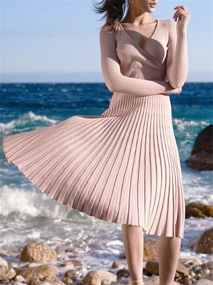 Autumn Winter Elegant Women's  Knitted Pleated Base Dress