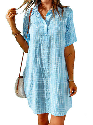 Solid Color Lapel Plaid Short Sleeve Dresses