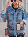 Girl's Geometric Printed Loose Denim Patchwork Button Lapel Coats