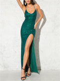 Women's Sexy Backless Slit Hem Sequined Maxi Evening Dresses