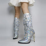 Pointed Toe Fashion Fringe Sequined Mid-Calf Boots