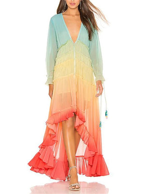 Women's V-Neck Gradient Color Elegant Maxi Dress