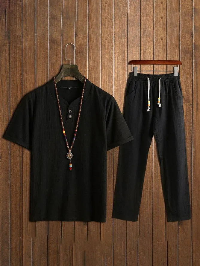 Men's Comfy Cotton Linen Sets Short-sleeved T-shirt + Trousers