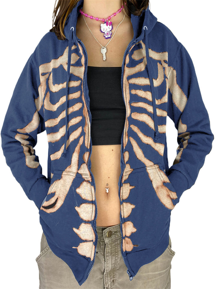 Halloween Personality Skull Print Zipper Drawstring Hooded Sweatshirt