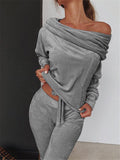 Slim Fit Velvet Tracksuit Off Shoulder Drawstring Tops + Pocket Sweatpants