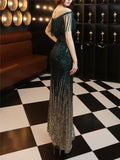 Shimmering Sequined Illusion Neck Side Slit Maxi Dress for Formal Party