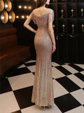 Shimmering Sequined Illusion Neck Side Slit Maxi Dress for Formal Party