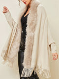Elegant Lady Fur Collar Tassel Design Batwing Sleeve Cardigan Shawl Sweaters
