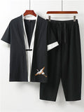 Soft Linen Comfy 2-Piece Outfit Embroidery Shirts + Drawstring Pocket Cropped Pants