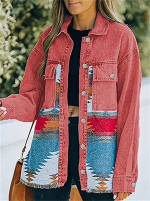 Vintage Cool Ethnic Style Washed Splice Denim Coats for Women