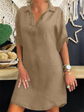 Retro Solid Color V-Neck Short-Sleeved Cotton Dress