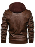 Men's Fashion Zip Up Hooded PU Leather Jacket Outerwear