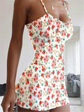 Slim Fit Square Neck Floral Printed Spaghetti Strap Bodycon Dress