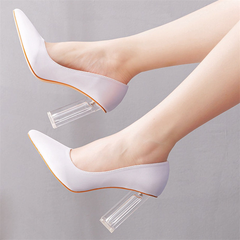 Luxury Satin Silk Pointed Toe Clear Heels Female Wedding Pumps