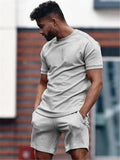 Mens Solid Color Casual Comfy Short Sleeved T-Shirts+Shorts