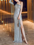 Shimmery Sequined Thigh High Slit Dress for Evening Party