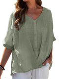 V-Neck Linen Short Sleeve Blouses For Women