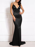 New Elegant Sexy Backless Satin Strappy Deep V Neck Floor Length Evening Dresses