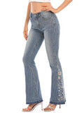 Women's Fashion 3D White Floral Embroidery Bell Bottom Striped Jeans