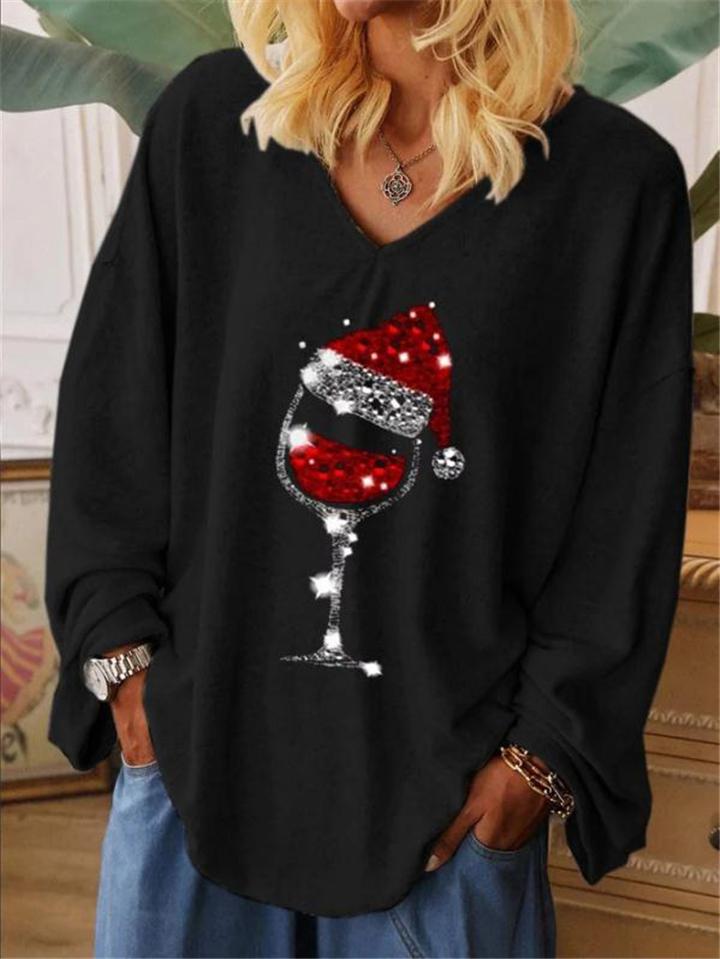 Oversized Christmas Themed Wine Glass Printed Pullover Shirt