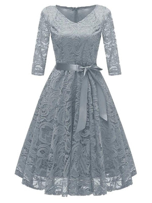 Elegant 3/4 Sleeve 1950s Lace Floral Midi Spring Dress