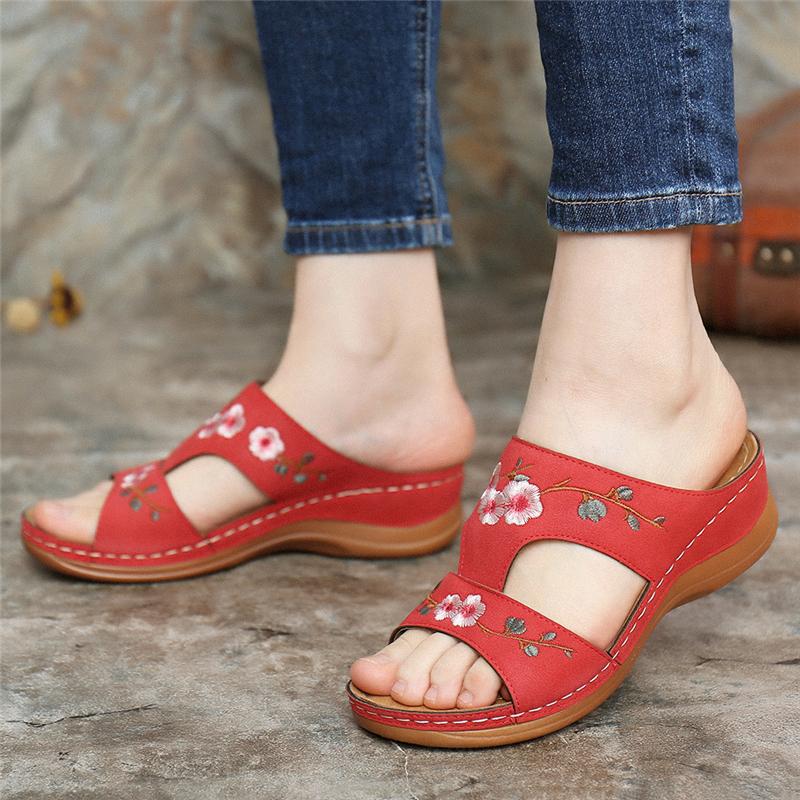Supportive Comfort Soft Footbed Floral Embroidery Wedge Heel Slippers
