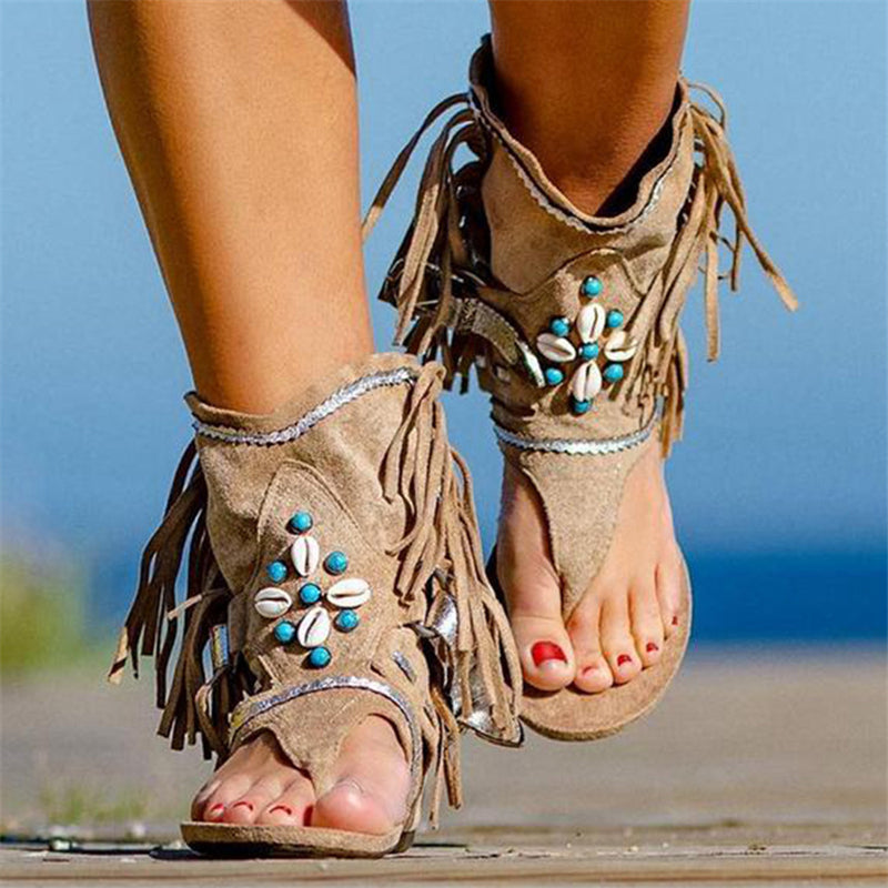 Bohemian Suede Tassel Clip Toe Flat Sandals For Women